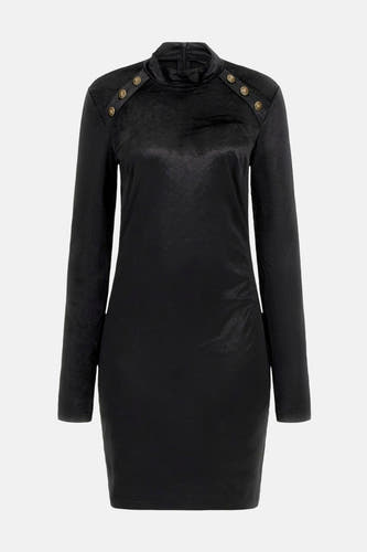 Robe noire à longues manches de Guess, vue de derrière, avec une texture lisse.
