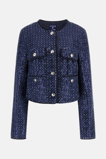Donkerblauwe korte jas van Guess met zilverkleurige knopen en zakken.