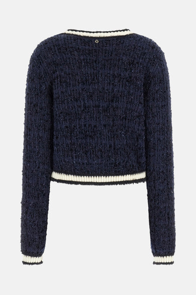 Blauw vest van Guess met textuur, ronde halslijn met bies en logo op de achterkant.