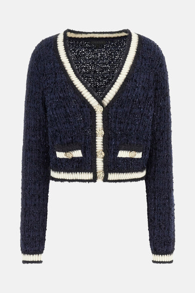Blauw vest van Guess met V-hals, knoopsluiting en sierlijke zakken met gouden knopen.
