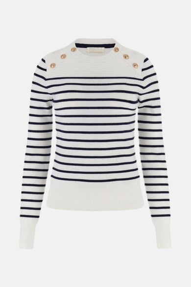 Gestreept gebreid tricot dames trui met gouden knopen op de schouders.