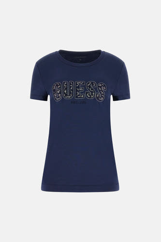 T-shirt bleu à manches courtes de Guess, orné de strass et du texte "GUESS EST. 1981".