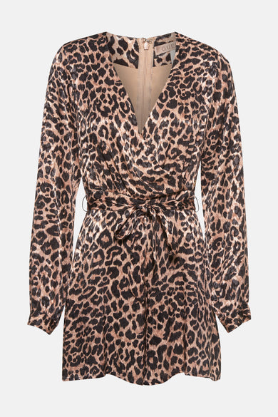 Bruine playsuit van Guess met luipaardprint en lange mouwen, met strikceintuur.