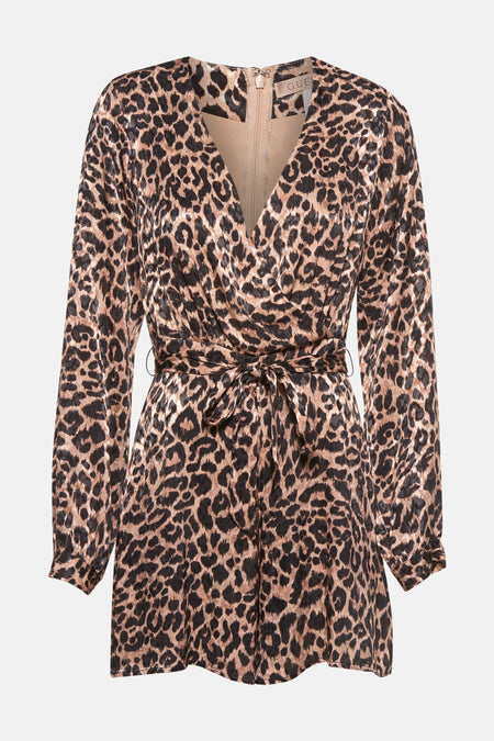 Bruine playsuit van Guess met luipaardprint en lange mouwen, met strikceintuur.