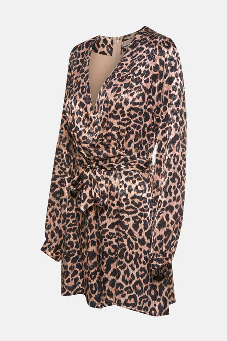 Bruine playsuit van Guess met luipaardprint en lange mouwen, geknoopt in de taille.