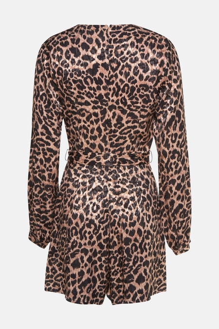 Bruine playsuit van Guess® met een luipaardprint, lange mouwen en een ceintuur in de taille.