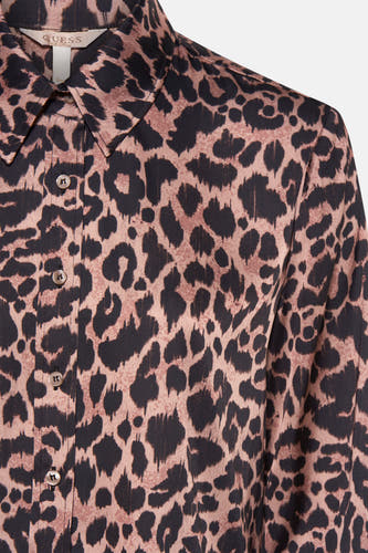 Bruine blouse met lange mouwen van Guess, met een luipaardprint.
