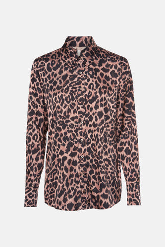 Bruine blouse met lange mouwen van Guess, met een luipaardprint.
