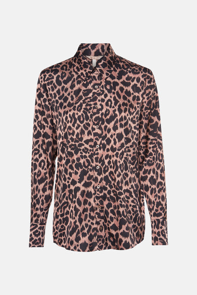 Bruine blouse met lange mouwen van Guess, met een luipaardprint.
