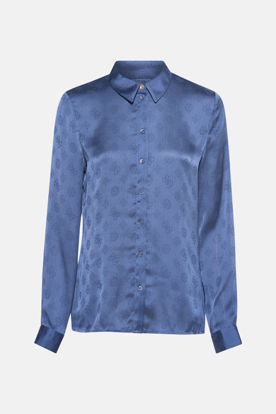 Blauw, satijnen blouse met lange mouwen van Guess, met all-over logoprint en knoopsluiting.