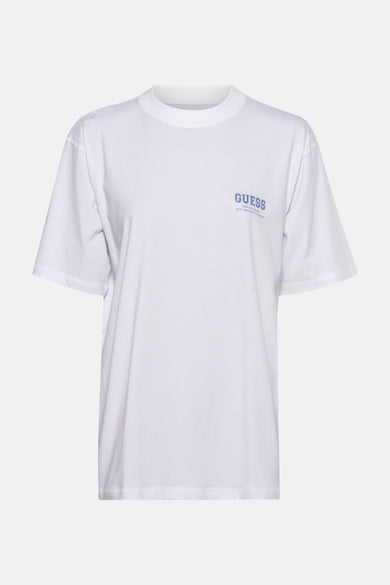 Wit T-shirt met korte mouwen van Guess, met blauwe tekst op de borst.