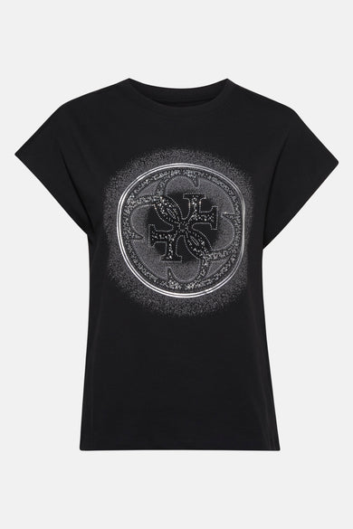 T-shirt noir à manches courtes de Guess®, doté d'un logo rond brillant sur la partie avant.