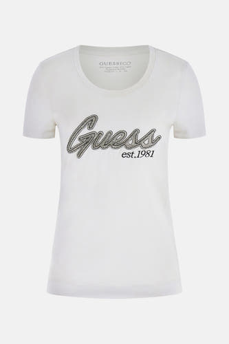 T-shirt blanc à manches courtes de Guess, avec un logo décoré sur la devanture.