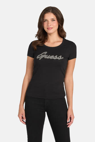 T-shirt noir à manches courtes de Guess, avec le nom de marque écrit en strass.