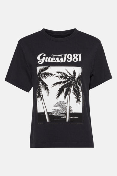 T-shirt gris à manches courtes de Guess, design uni dans une couleur sombre.