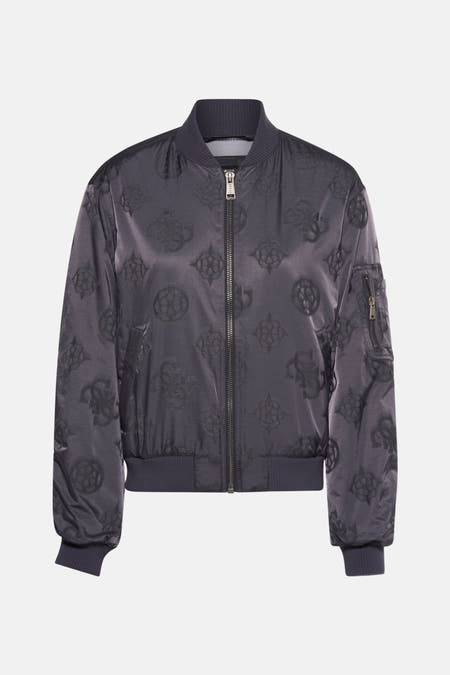 Grijze jas van Guess® met een donkerder logoprint en een zilverkleurige ritssluiting.
