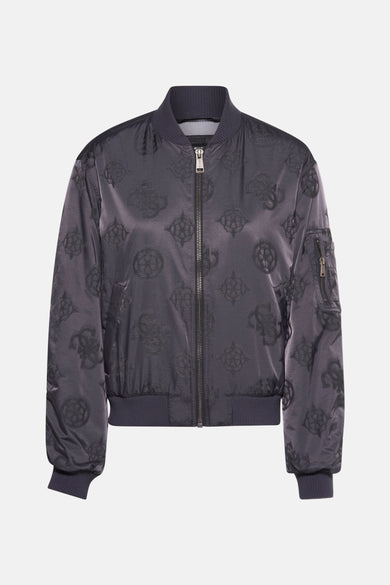 Grijze jas van Guess® met een donkerder logoprint en een zilverkleurige ritssluiting.
