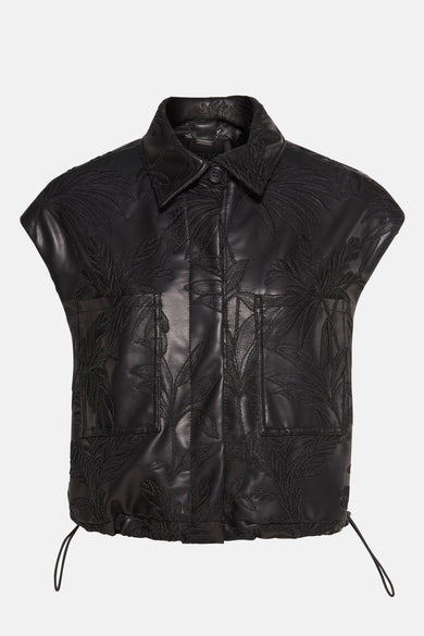 Zwarte bodywarmer van Guess® met een geborduurd tropisch bladerpatroon en verstelbare koorden aan de onderkant.
