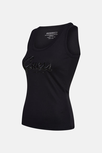 T-shirt noir de Guess, avec une texture rayée et un logo brillant.