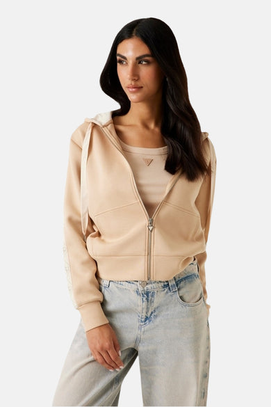 Bruine sweater met kap van Guess, met rits en lichtblauwe jeans