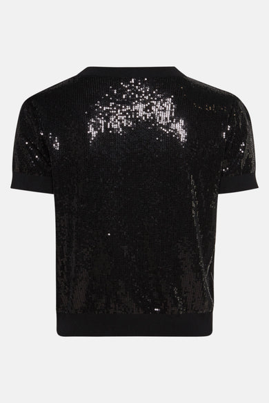 Zwarte trui van Guess®, bedekt met pailletten voor een glanzende textuur en een opvallende look.
