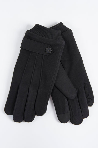 Zwarte handschoenen van Access, met een knoopdetail en een ribgebreide boord.
