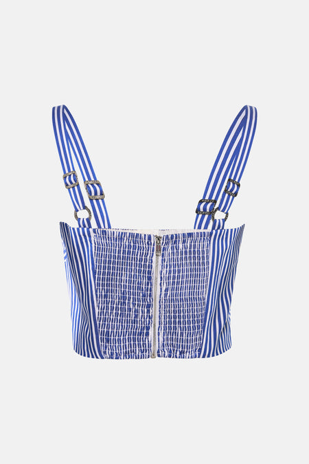 Blauw gestreepte blouse van Guess® met verstelbare bandjes en ritssluiting aan de voorkant.
