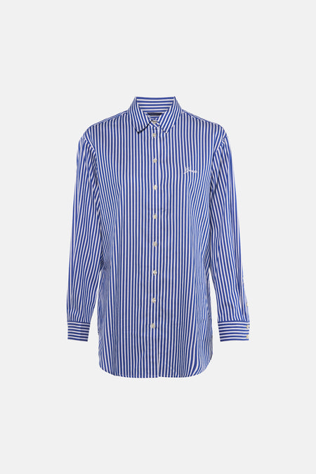 Chemise rayée bleue à manches longues de Guess, avec un logo brodé sur la poitrine.