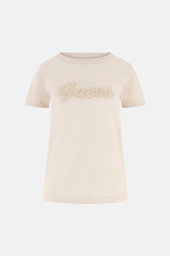 T-shirt beige à manches courtes de Guess, avec un logo 'Guess' brodé sur le devant.