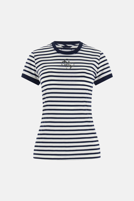 T-shirt rayé Guess, à manches courtes et avec un logo sur la poitrine.