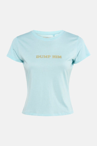 Blauw T-shirt met korte mouwen van Guess®, met gouden 'Dump Him'-tekst op de voorkant.