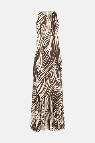 Une robe courte à manches longues sans manches de Guess, marron et crème, avec un motif à rayures abstraites et un col licou avec ouverture en trou de serrure.
