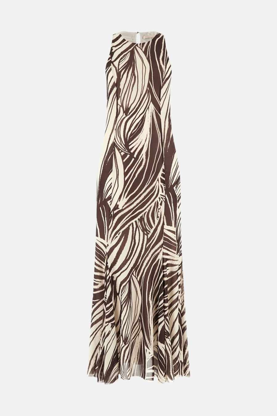 Une robe courte à manches longues sans manches de Guess, marron et crème, avec un motif à rayures abstraites et un col licou avec ouverture en trou de serrure.