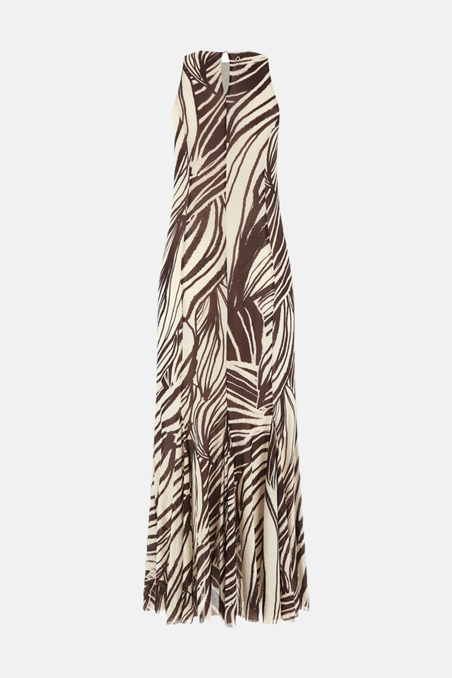 Een lang mouwloos kleedje in bruin en crème van Guess, met abstract streepdessin en halterhals met sleutelgat.