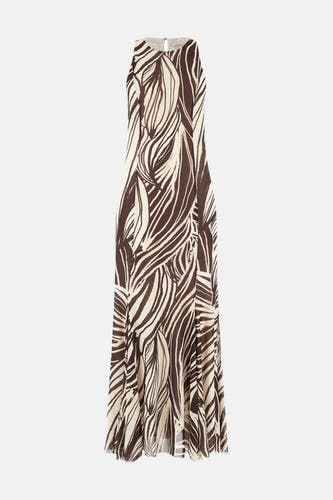 Robe longue sans manches Guess® marron et crème avec motif à feuilles abstraites et col montant.