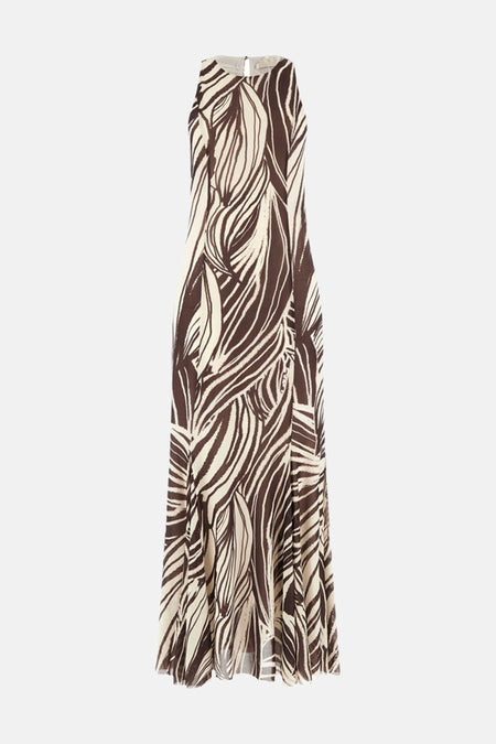 Robe longue sans manches Guess® marron et crème avec motif à feuilles abstraites et col montant.