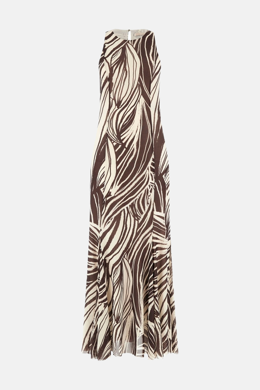 Robe longue sans manches Guess® marron et crème avec motif à feuilles abstraites et col montant.