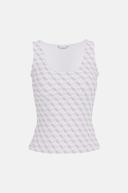Débardeur blanc Guess, avec un motif logo intégral argenté.