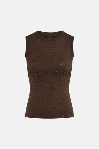 Bruine mouwloze top van Guess met all-over glinsterende steentjes en ronde hals.