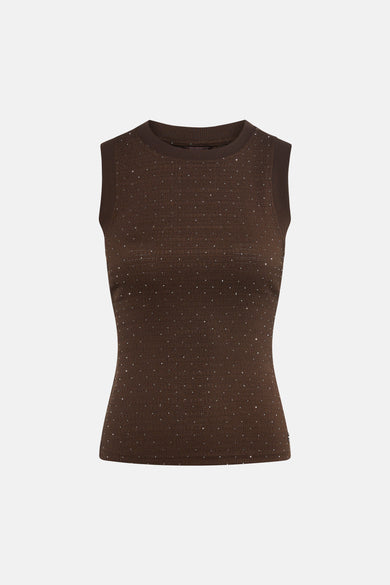 Bruine mouwloze top van Guess met all-over glinsterende steentjes en ronde hals.