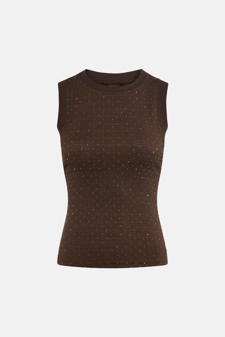Bruine mouwloze top van Guess met all-over glinsterende steentjes en ronde hals.