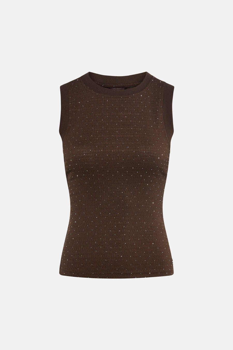 Bruine mouwloze top van Guess met all-over glinsterende steentjes en ronde hals.