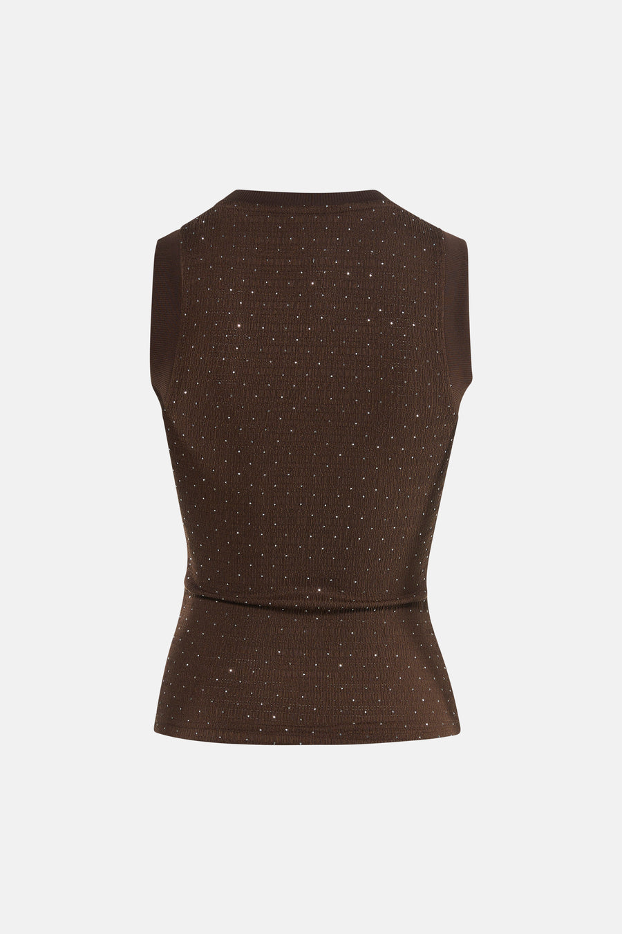 Bruine mouwloze top van Guess, geribbeld en versierd met glinsterende steentjes, achterkant.