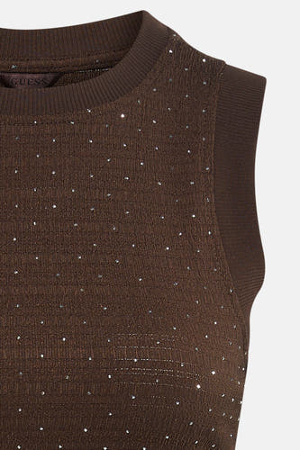 Mouwloze top in het bruin van Guess met ribgebreide textuur, sprankelende zilveren steentjes en zichtbaar Guess-label.