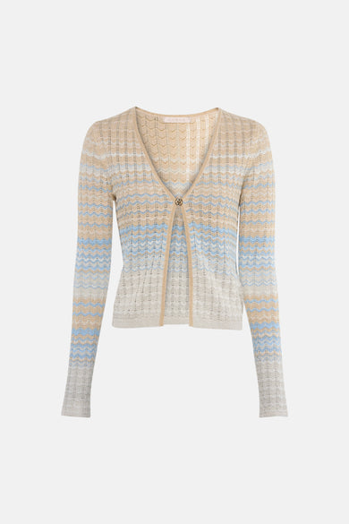 Gilet beige Guess® à manches longues, ouvert et avec un motif zigzag rayé bleu et orange.