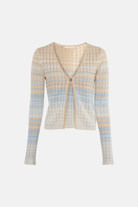 Beigekleurig gilet van Guess met blauwe en witte chevrons, een V-hals en één goudkleurige knoop.