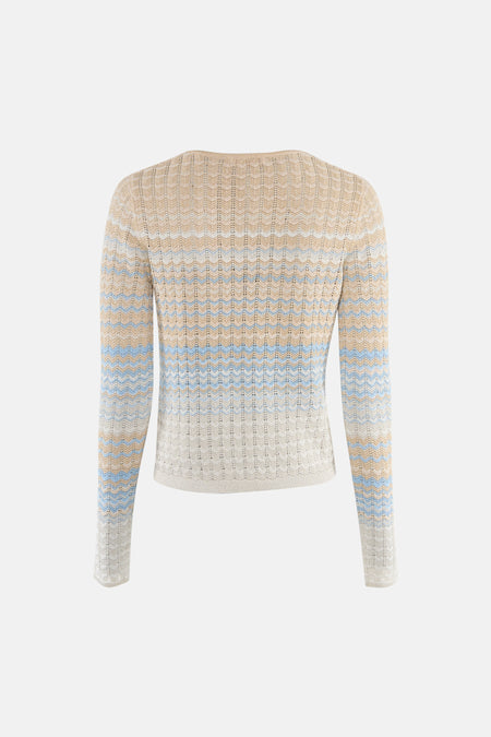 Beige gilet van Guess® met lange mouwen en een gebreid zigzagpatroon in blauw, wit en beige, rugaanzicht.