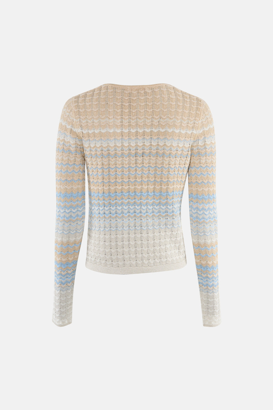 Beige gilet van Guess® met lange mouwen en een gebreid zigzagpatroon in blauw, wit en beige, rugaanzicht.
