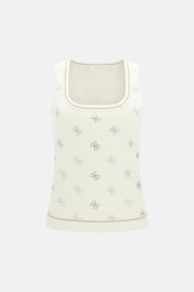 Ecru tanktop van Guess met een glitterend monogrampatroon en geribde randen.