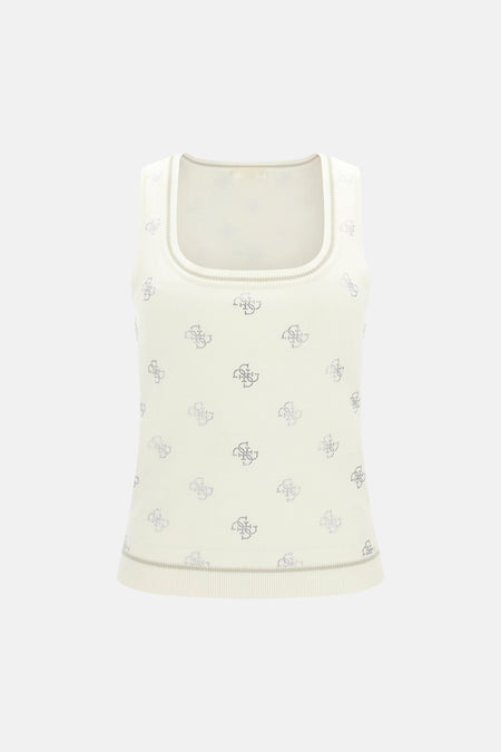 Ecru tanktop van Guess met een glitterend monogrampatroon en geribde randen.